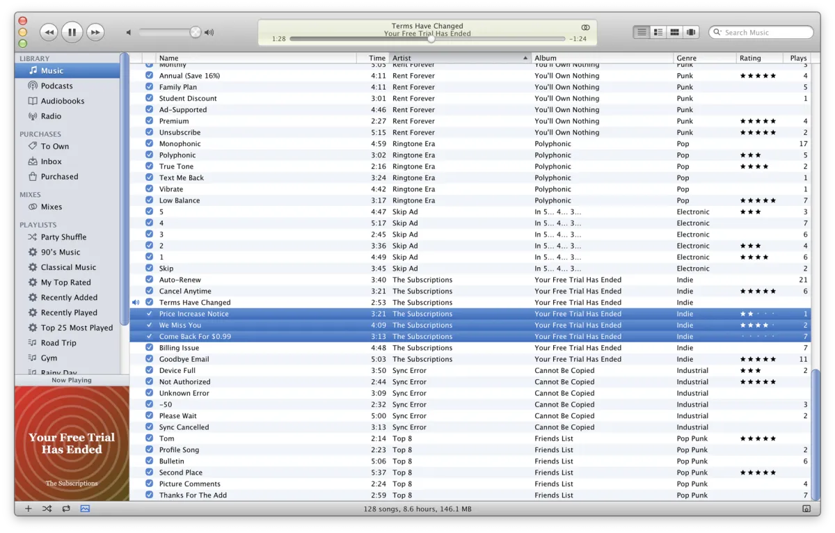 Unsub's song list, playing “Terms Have Changed” from the album “Your Free Trial Has Ended” by The Subscriptions